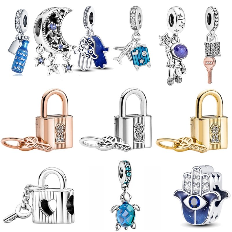 New 925 Sterling Silver Blue Pendant Padlock Key Dangle Charms Fit Original Pandora Charms Bracelet DIY Women Jewelry Beads Gift