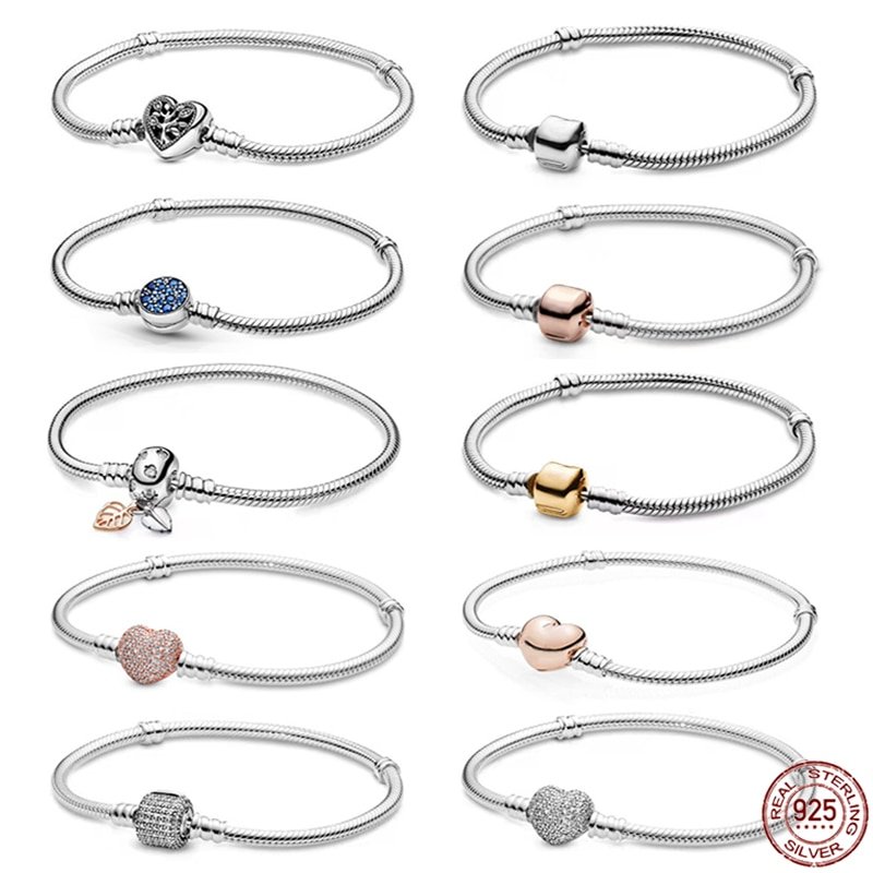 New Bracelet 925 Sterling Silver Classic Simple Bracelet Heart Buckle Snake Bone Chain fit Original Charm Beaded DIY Gifts