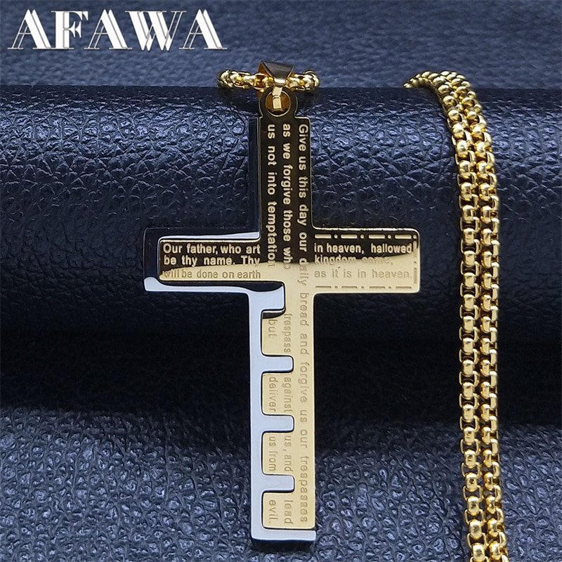 Retro Cross Christian Church Prayer Necklace Stainless Steel Gold Color Bible Amulet Necklaces Jewelry colar masculino N2005S02
