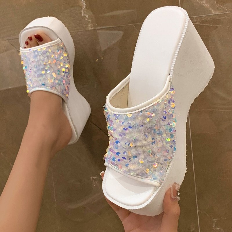 Summer Women's slippers 2022 Glitter Wedge Slippers Women Beach Sandals Holiday Seaside Travel Slides Platform Slippers of women