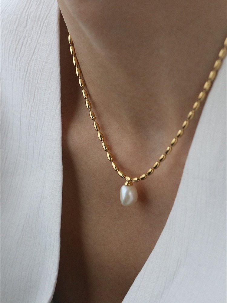 Titanium With 18K Gold Beads Chian Real Pearl Choker Necklace Designer T Show Runway Gown Rare INS Japan Korean Boho Top