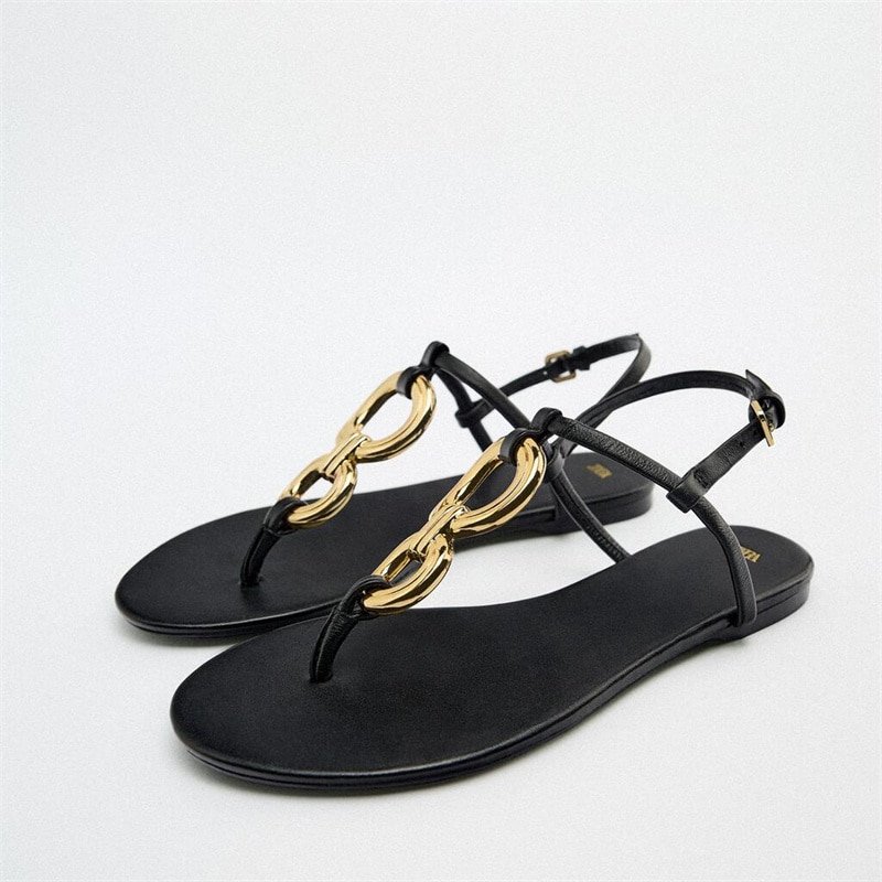 ZA Summer Flat Leather Sandals Women 2022 Black Flip Flops Plus Size Beach Slippers Flats Ladies Casual Outdoor Sandal