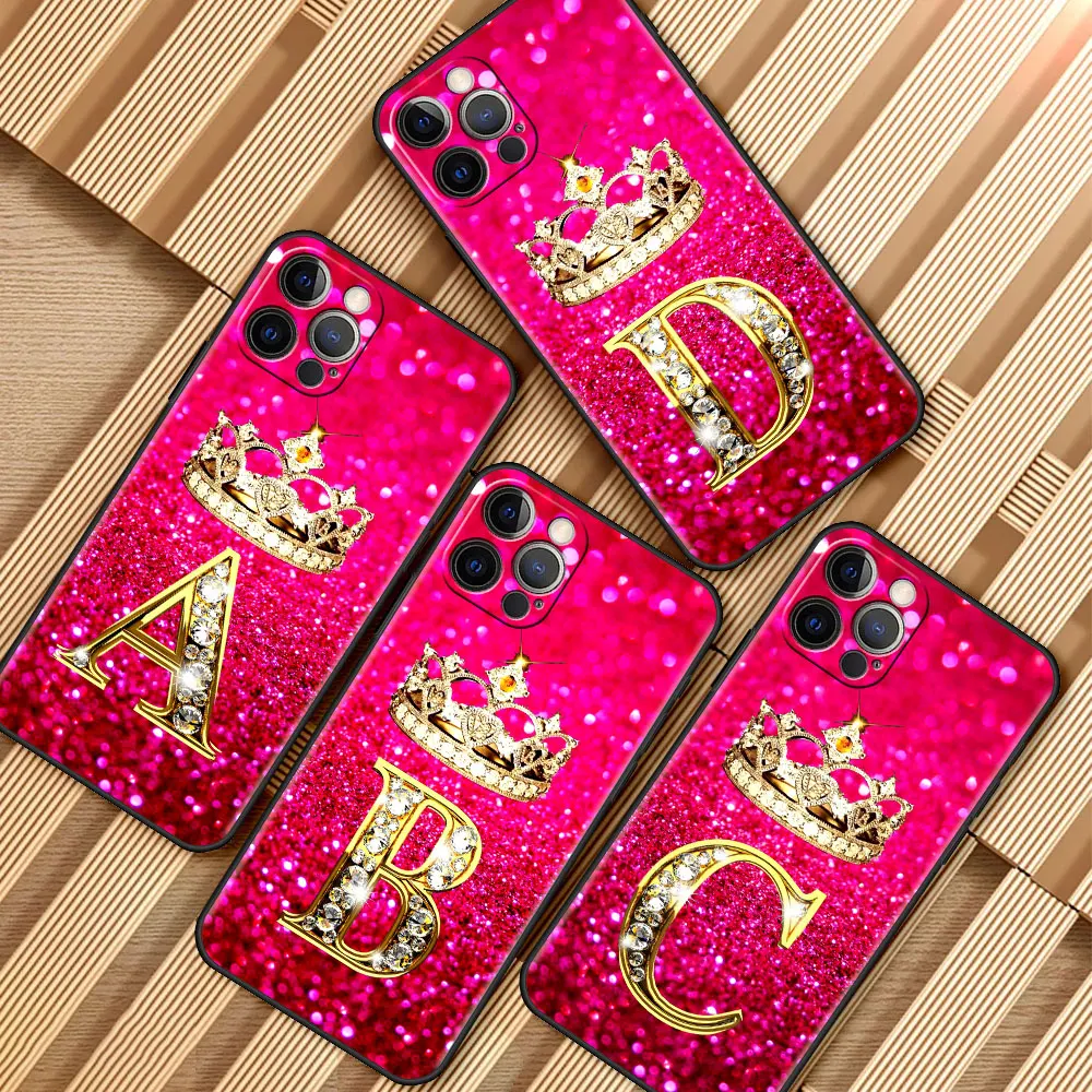 Pink Diamonds Letter Phone Case for Apple iPhone 11 7 12 13 Pro XR X XS Max 6 6S 8 14 Plus Soft Cover Shockproof Funda 14mini