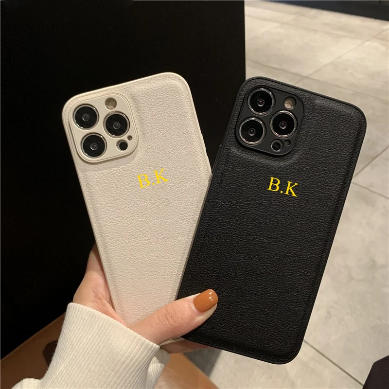 Korea Personalise Name Letters Leather PU Soft Phone Case For iPhone 14 13 12 11 Pro X XS Max XR 7 8 Plus SE Luxury Plain Cover