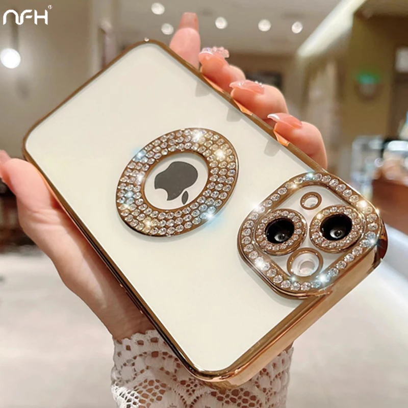 For iPhone 14 Pro Max Luxury Plating Flash Diamond Silicone Phone Case For iPhone 11 12 13 14 Plus Hollow Out Rhinestone Cover