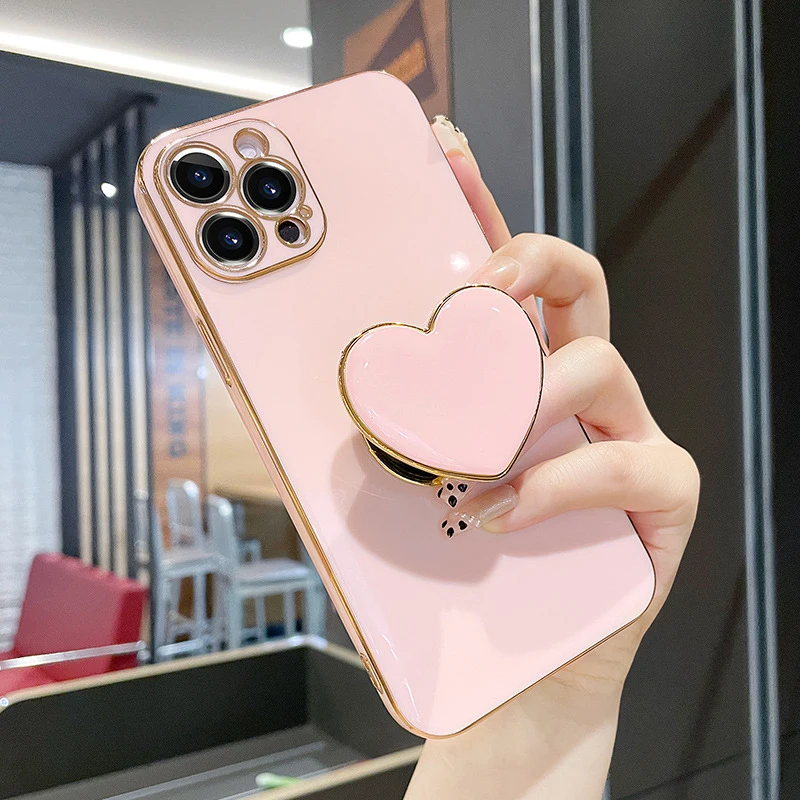 Love Heart Holder Phone Case for IPhone 14 13 Pro Max XS XR X 12 11 8 Plus TPU Bling Coques Soft Covers Camera Protection Fundas