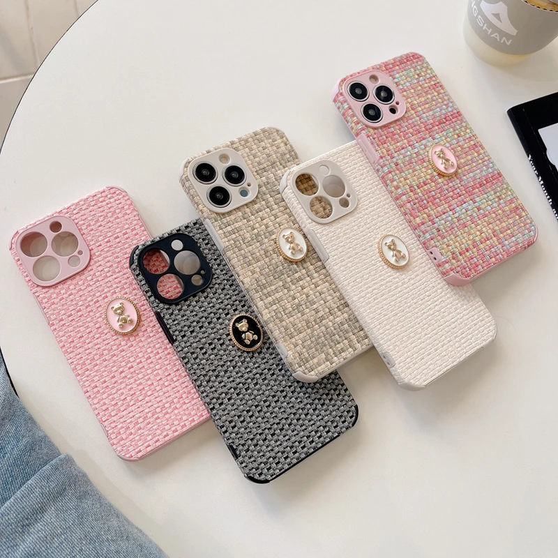 Cute Bear weave lattice Soft silicone Phone Case For iPhone 13 12 11 14 Pro X XS Max XR 7 8 Plus SE MiNi lens protect Back Cover
