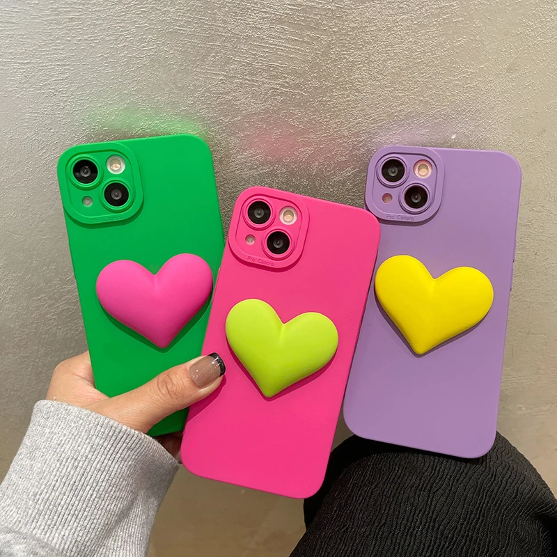 INS Cute 3D Love Heart Matte Silicone Phone Case For iphone 14 12 13 Pro Max 11 X XR 7 8 Plus Se 3 camera Protective Soft Cover