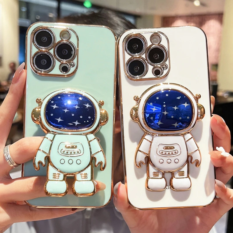 Luxury Star Astronaut Holder Phone Case For iPhone 11 12 13 14 Pro Max XR XS Plating Soft Bumper On SE2 SE3 7 8 Plus Stand Cover