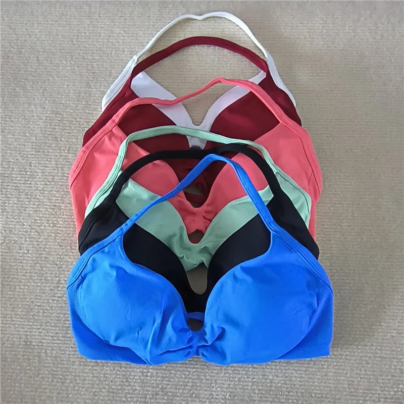 Fashion Strappy Bra Gym Top Girl Women High Support Thin Strap Halter Sports Seamless Bras Scrunch Workout Yoga Tank Bra
