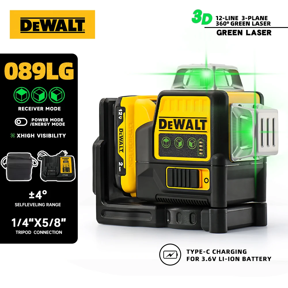Dewalt DW089LG Laser Level 12V Lithium Battery 12 Lines 3 Sides*360 Degree Self-Horizontal And Vertical Cross Line Tools