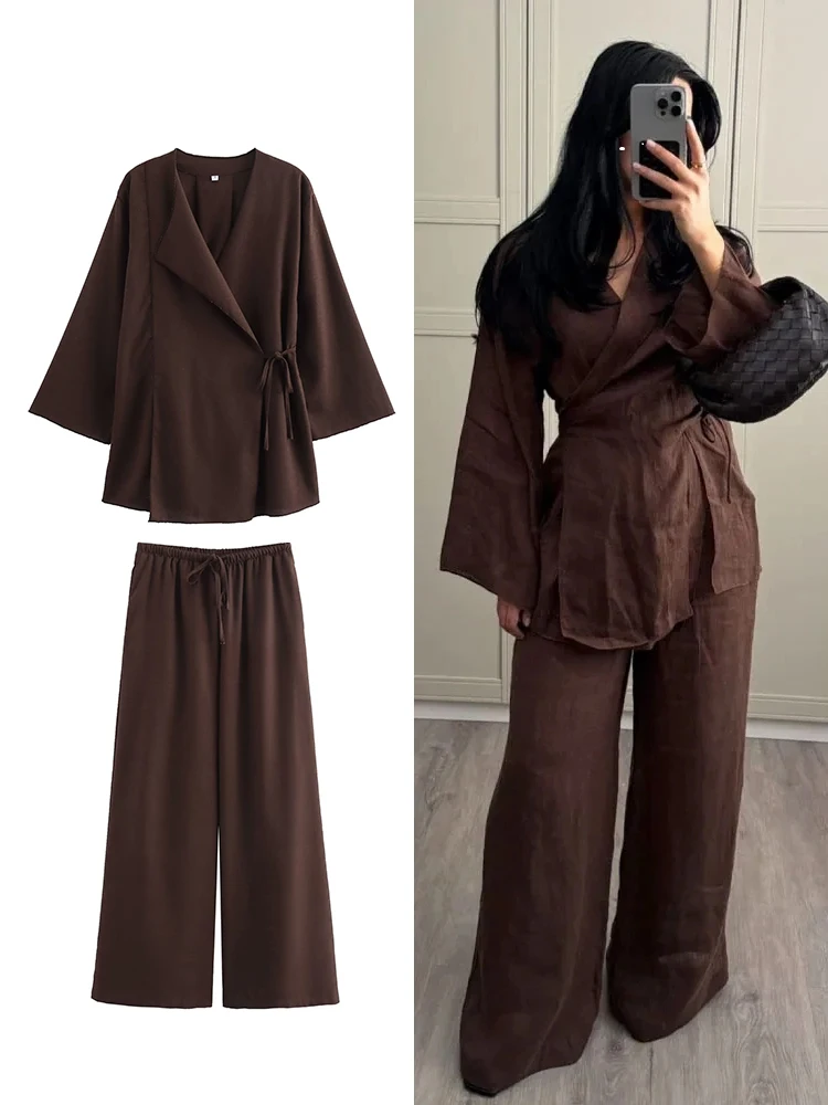 TFMLN Fashion 2 Pieces Sets Women Spring Summer Kimono Style Loose Lace Up Shirts Tops Women's Wide Leg Pants Sets