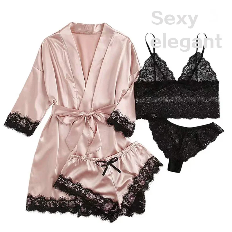 4 Pieces Sleepwear Pajamas Ser With Robe Sexy Lace Lingerie Bathrobe Silk Satin Home Clothed Nightwear Robe
