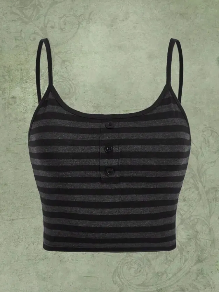 Goth Punk Striped Button Cami Top Women Summer Y2K Clothes Grunge High Street Sleeveless Spaghetti Strap Crop Top Streetwear