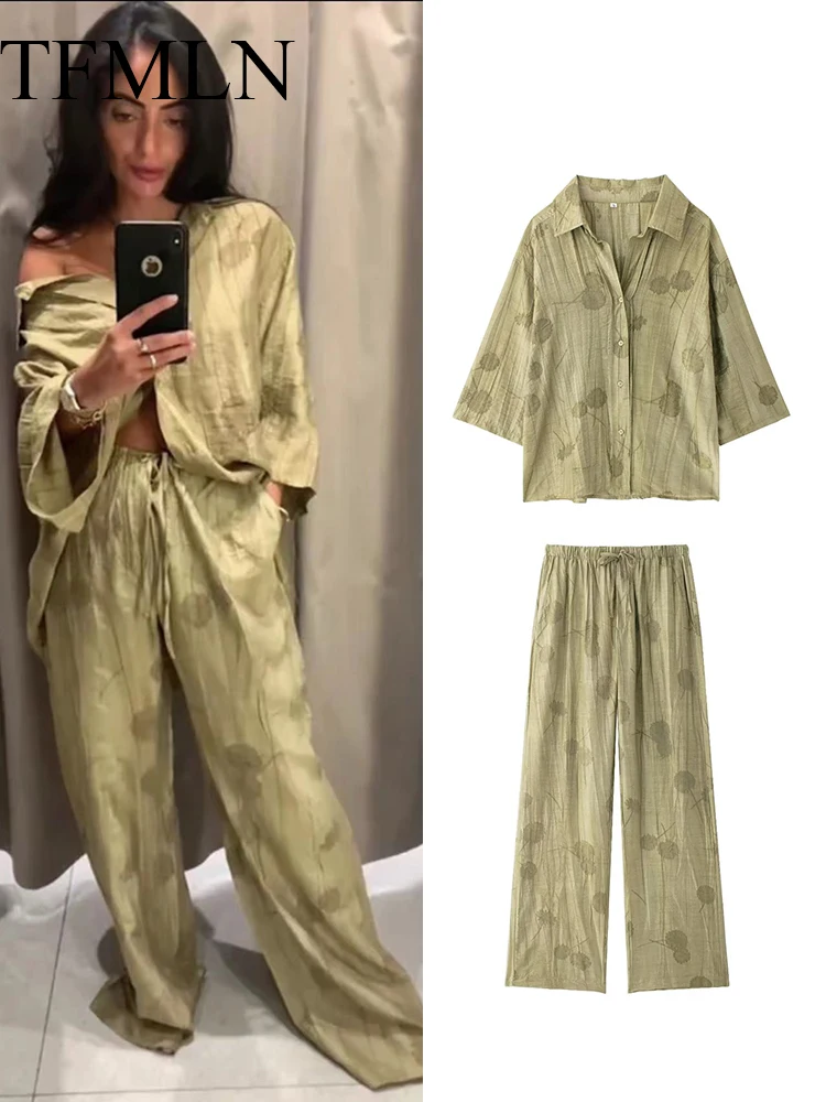 TFMLN Women's Fashion Two Piece Set Loose Jacquard Shirt 2024 High Waist Trousers Set Lapel Half Sleeve Shirt Wide Leg Pants