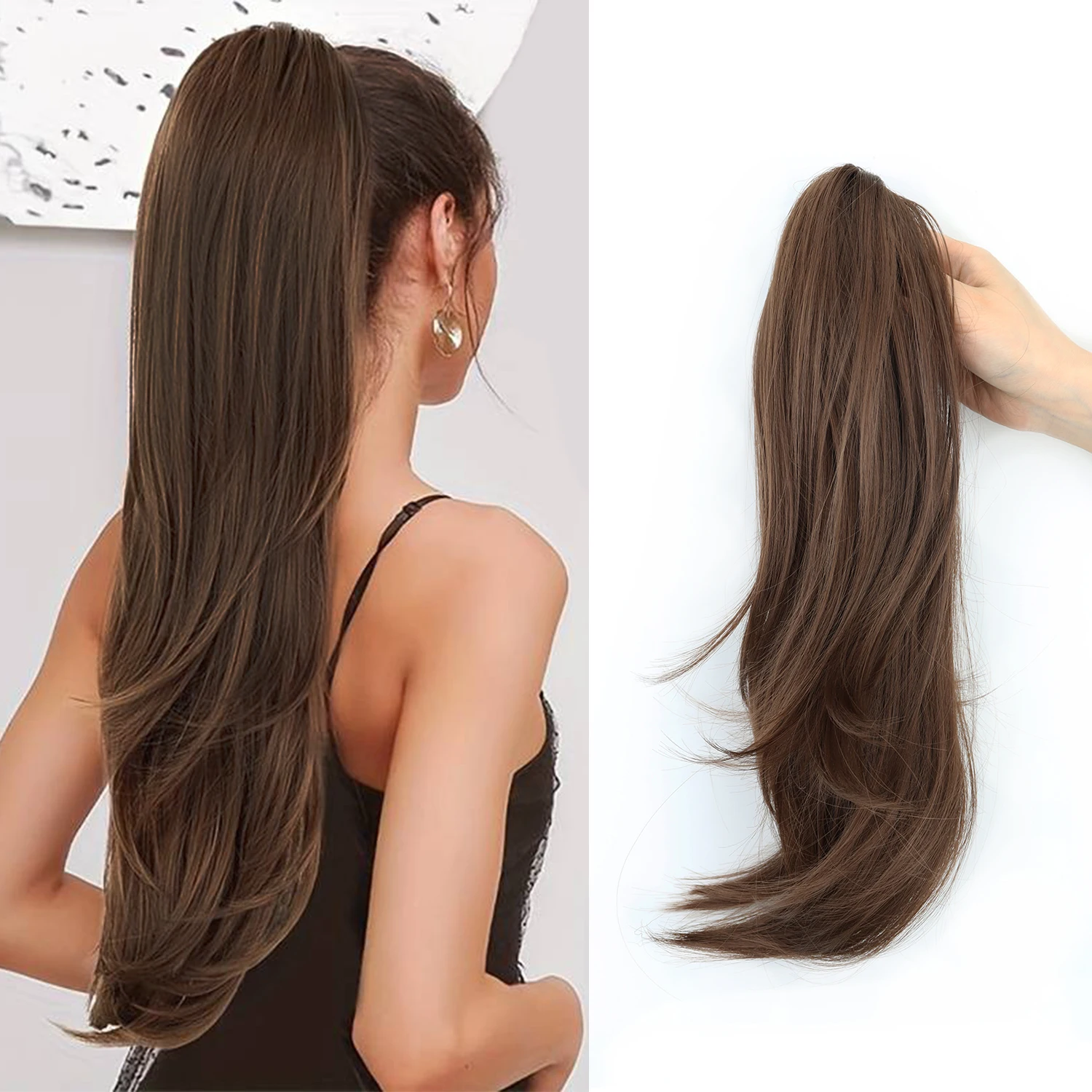 Synthetic Claw Clip Ponytail 18Inch Long Wavy Black Brown Heat Resistant Type Layered Horse Tail Hair Extension