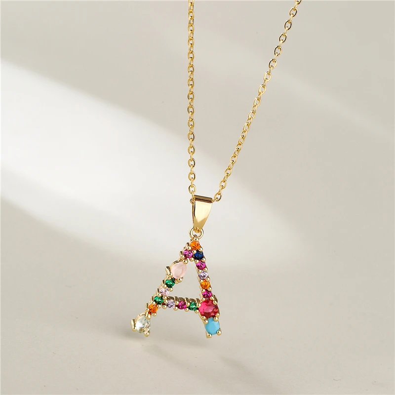 2024 New Hot Colourful Crystal AAA CZ 26 Capital Letters Pendant Necklace For Women Girl Gold Color Copper Initial Name Jewelry