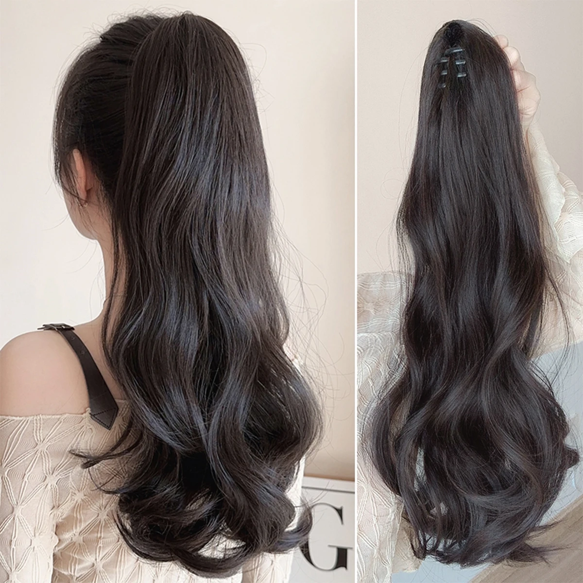 18-inch synthetic big wave clip ponytail wig clip on a 's ponytail long curly hair natural black daily wear