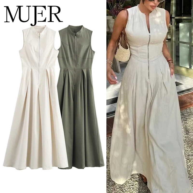 MUJER Zipper Long Dress Pleated Sleeveless Bodycon Dress Summer Elegant Party Dresses For Women 2025 New Midi Dresses