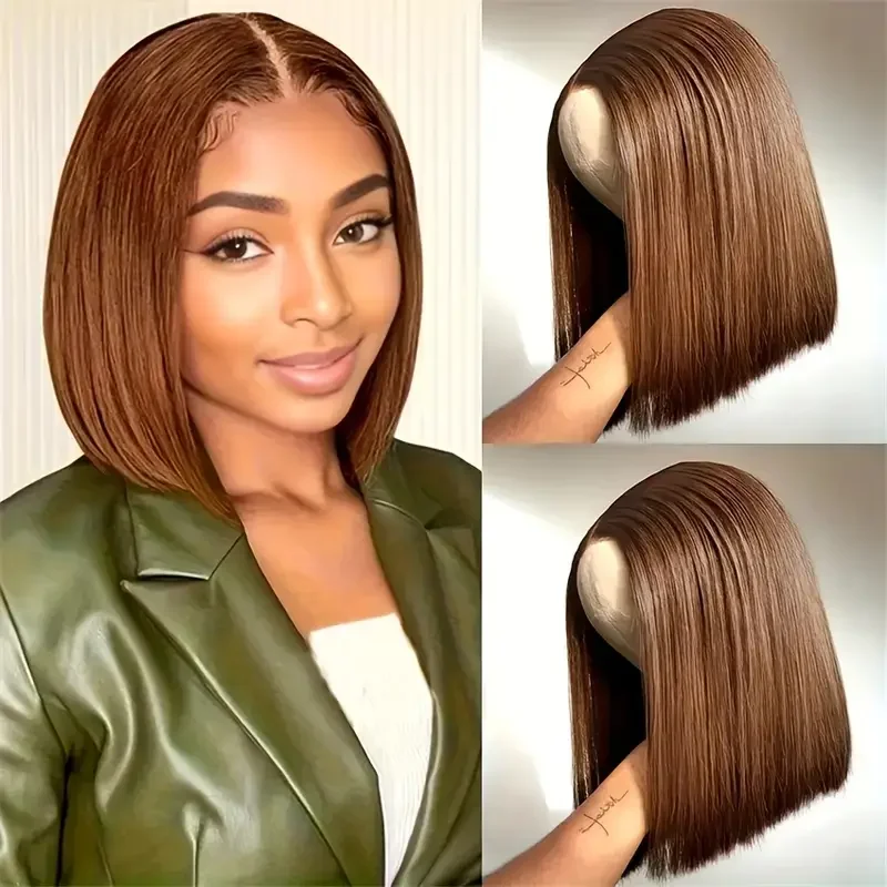 Chocolate Brown Short Bob Bone Straight200 densityBrazilian Human Hair 13x4 HD Transparent Lace Front Human Hair Wig For Women