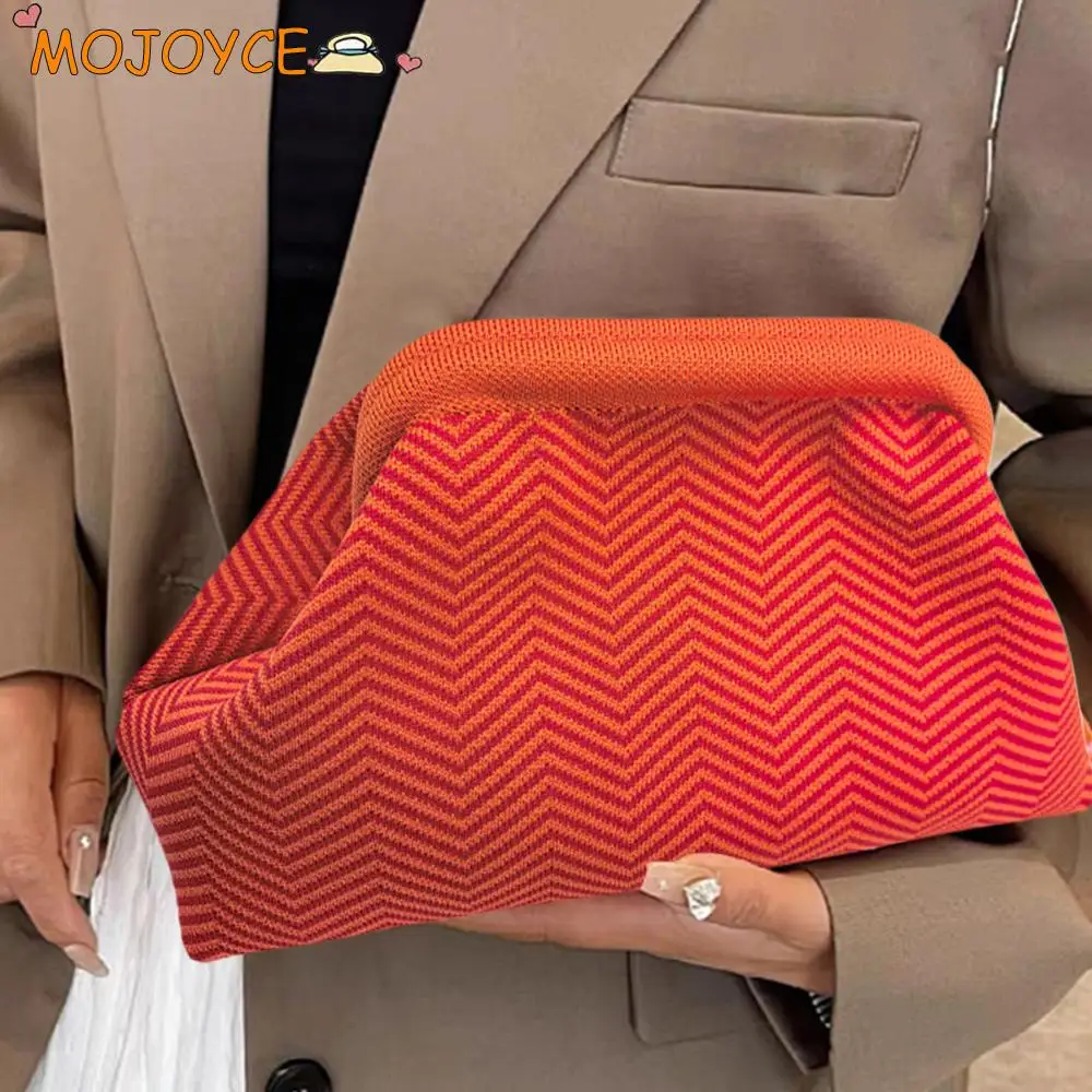 Summer Beach Clutch Bag Striped Color Small Crochet Handbag Knitting Dumpling Purse Handmade Woven Hollow Colorblock Evening Bag