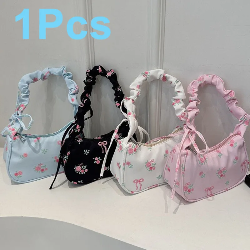 2025 Summer Women Underarm Bags Canvas Pleated Drawstring Purse Aesthetic Floral Bow Design Y2K Pretty Fashion Shoulder Handbags