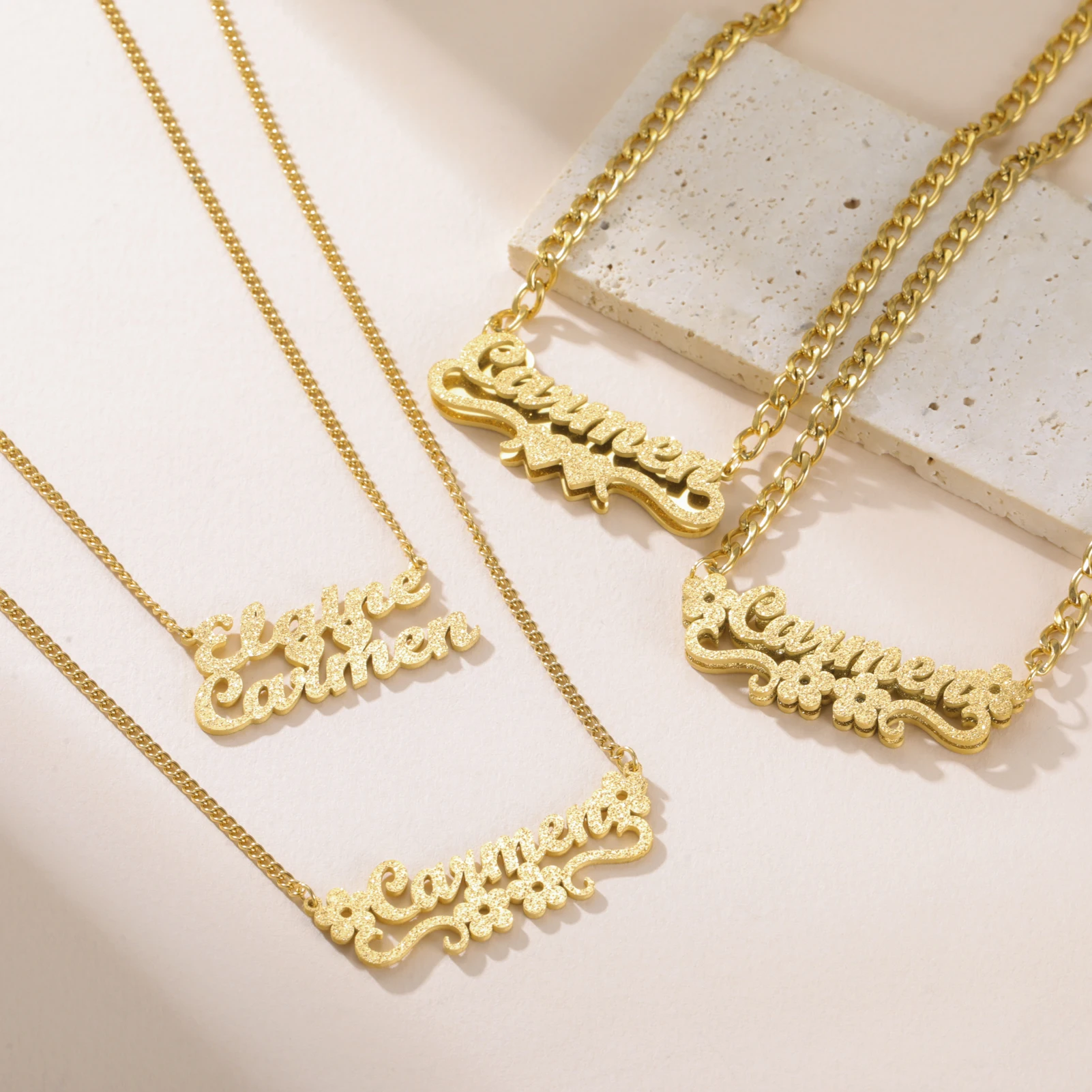 Sipuris Custom Name Necklace Women Girl Jewelry Stainless Steel Gold Color Cuban Chain Heart Ribbon Nameplate Pendant Necklace