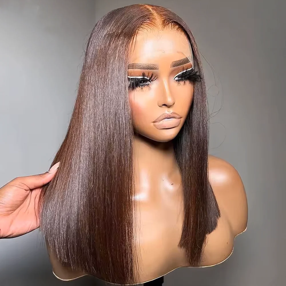 Straight Bob #4 Chocolate Brown Wig 13x4 Transparent HD Lace Frontal Wig 200% Density Remy 100% Human Hair Pre Plucked Women Wig