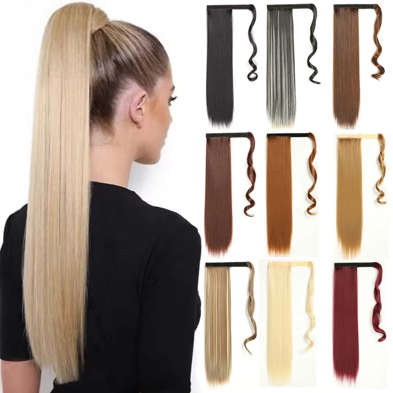 Synthetic 24" Long Straight Wrap Around Clip In Ponytail Hair Extension Heat Pony Tail for Women Fake Hair