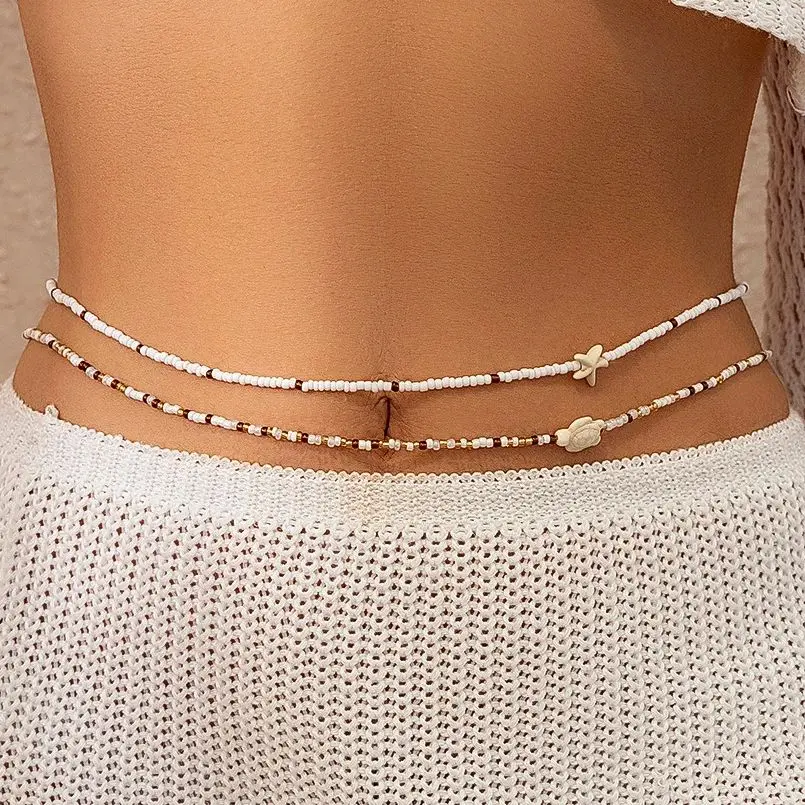 KunJoe 2Pcs Bohemian Turtle Sea Star Waist Chain Set for Women Summer Bikini Small Seed Beads Belly Chain Beach Body Jewelry