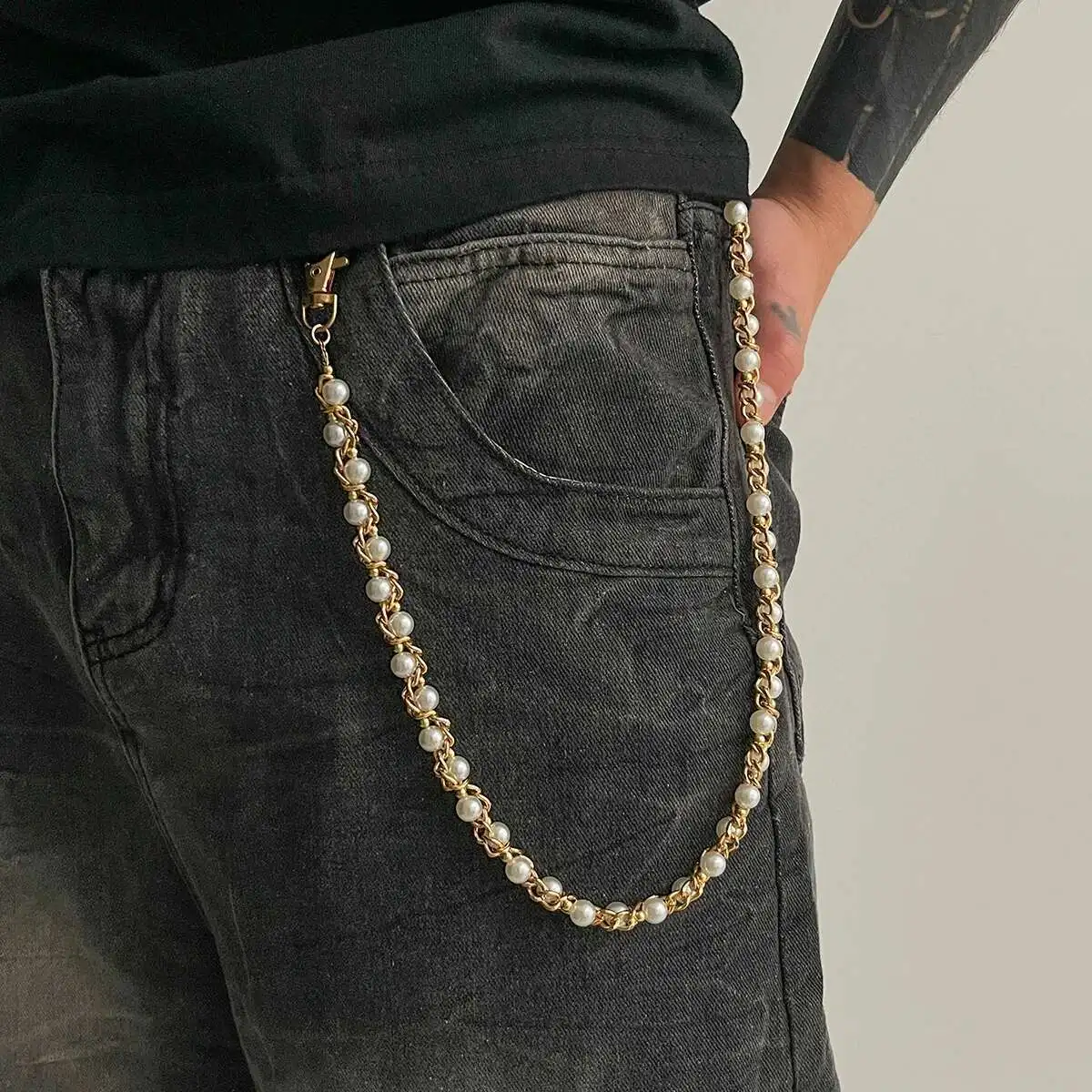 Ingemark Punk Imitation Pearl Trousers Hipster Pant Jean Keychain Ring Clip for Men Tassel Bag Handbag Chain Women Jewelry Gift