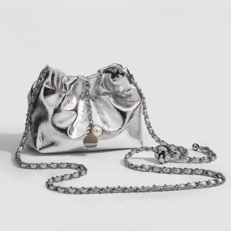 Silver Folded Chain Buet Bag Women's Crossbody oulder Bag Summer New Sle Casual Soft Handle Polyester Magnetic B...
