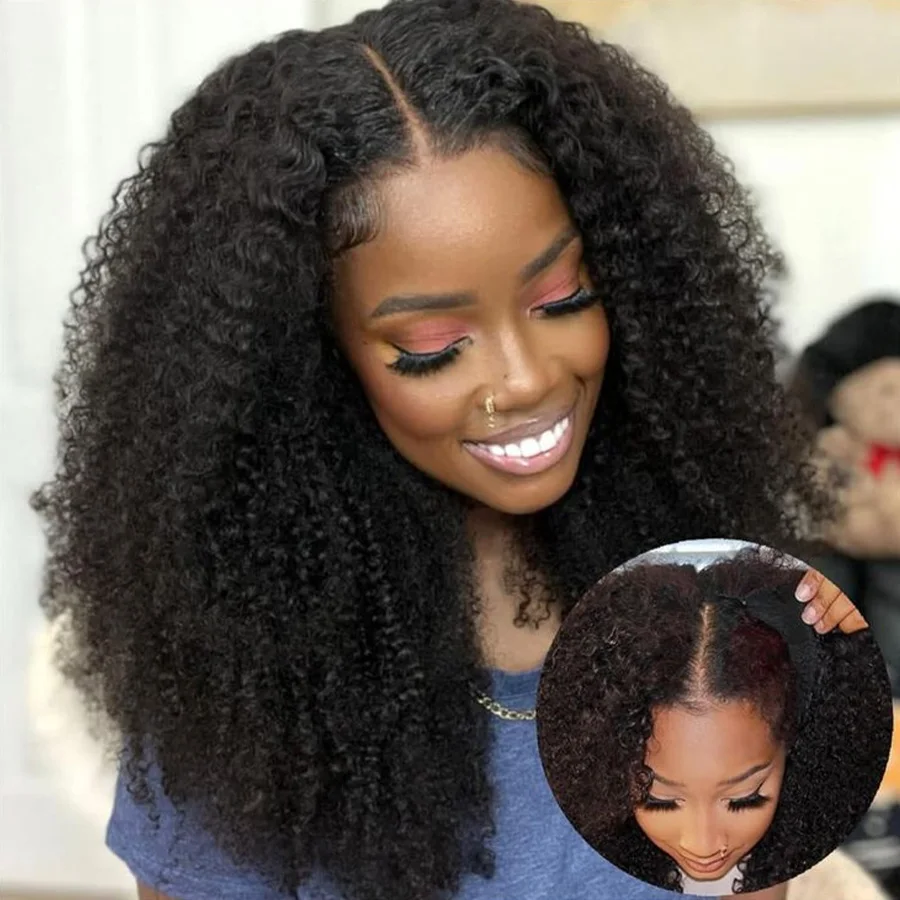 Glueless Kinky Curly V Part Wig Human Hair No Lace Wig Deep Wave Frontal Wig Water Wave Human Hair Wig Brazilian Hair For Women