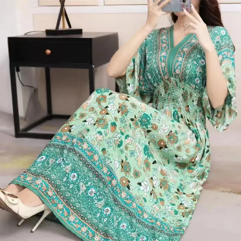 Colorful Flower V-neck Elastic Youthful Bohemian Sweet Midi Dress Clothes Chic Fashion Summer Dresses 2025 Large Swing Ski