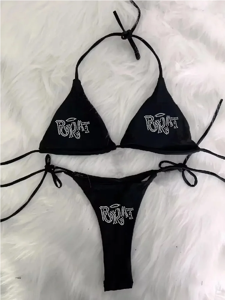 2000s Punk New Beach Swimwear gothic clothes BRAT Rhinestone printing Grunge Swimsuit Bikini Y2K Bathing Suits Lace Up