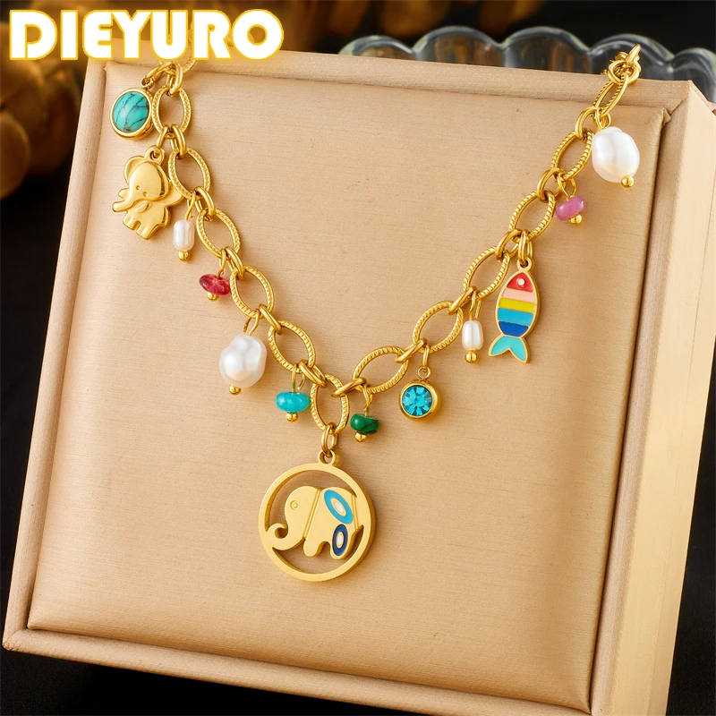 DIEYURO 316L Stainless Steel Turquoise Pearl Small Fish Elephant Pendant Necklace For Womens New Trend Neck Jewelry Gift Party