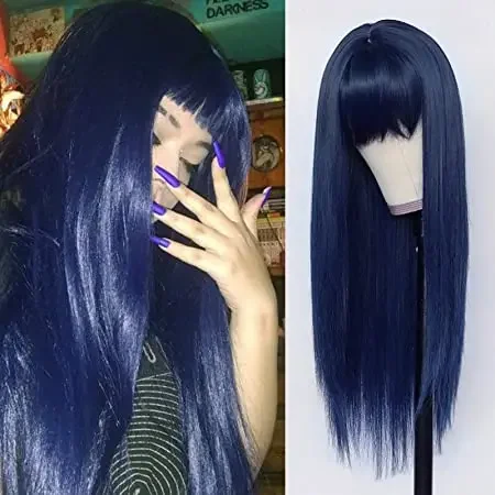 Synthetic Replacement Hair Wig With Bangs Blue Color Heat Resistant Wigs for Fashion Women