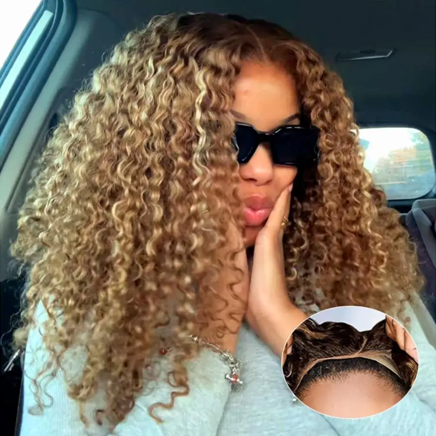 Deep Wave Honey Blonde Glueless Wigs 100% Human Hair Pre Cut Highlight Wear and Go Curly Wigs for Women Ombre HD Lace Front Wig