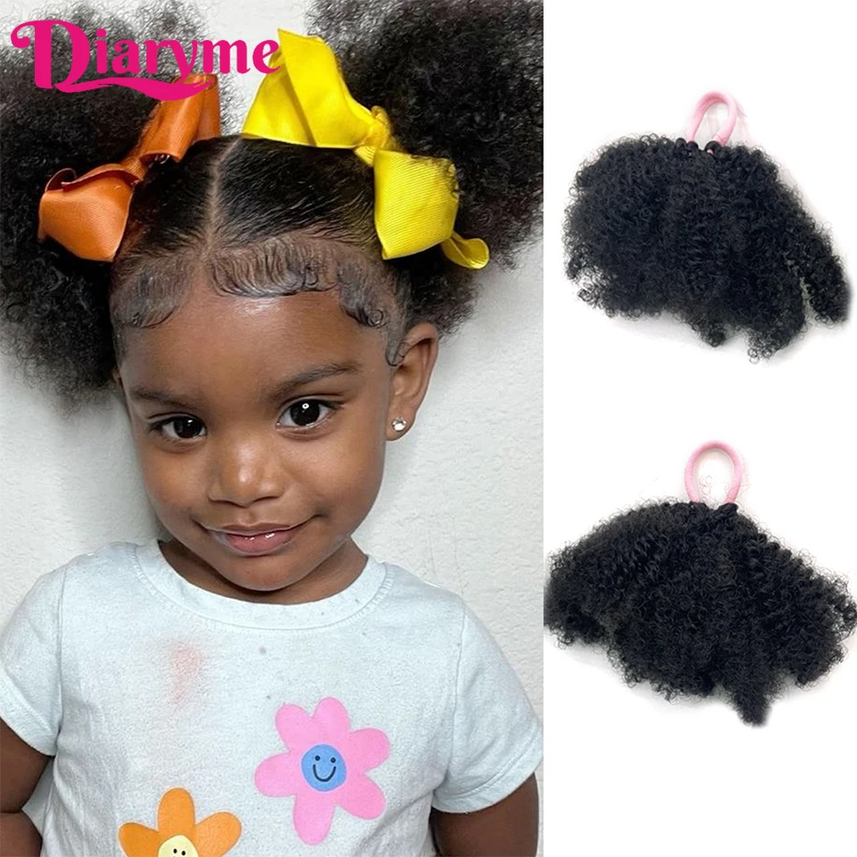 2pcs Kids Hair Buns Synthetic Children's Soft cute Afro Puff elastic band twist ponytail Kinky Bulk for Hair Girls with Elastic