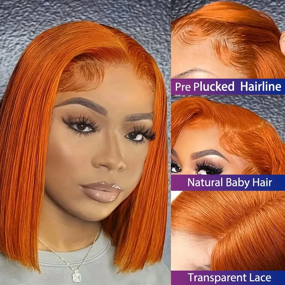 13x4 Lace Front Short Bob Wig 350 Ginger Orange Color Straight Transparent Lace Frontal Wigs Human Hair For Black 10 Inch