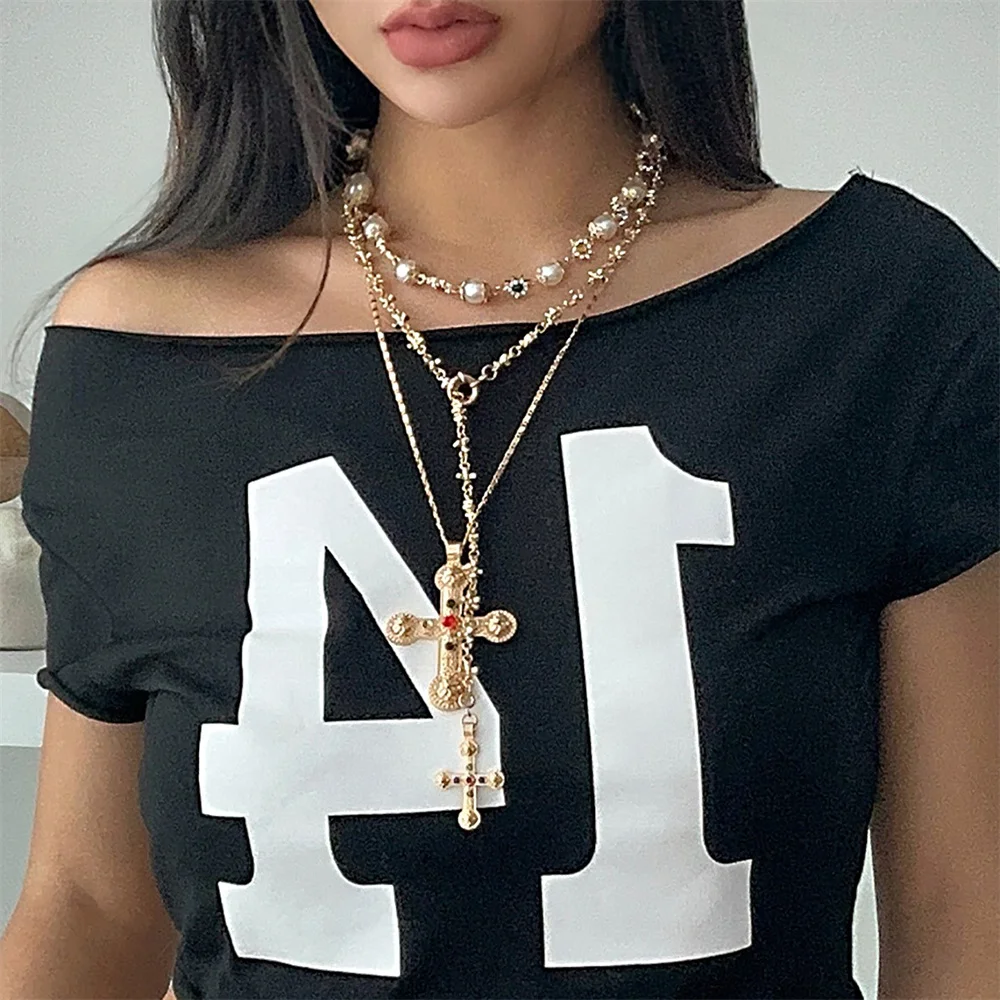 Zircon Cross Pendant Necklace for Women 2024 Fashion Imitation pearl Flower Beaded Choker Necklace Statement Y2K Jewelry Gifts