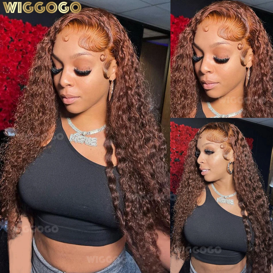Wiggogo Curly Wigs Lace Front Wig Chocolate Brown 13X4 13X6 Brazilian Deep Wave Lace Frontal Human Hair For Women Pre Plucked