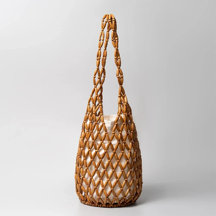 Women Woven Hand Bag Summer Design Hollow-out Wooden Bead Tote Bucket Shoulder Bag Female Reticulate Netted Canvas Beach Handbag